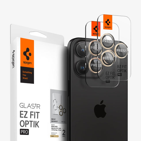 AGL07163 - iPhone 15 Pro / 15 Pro Max Optik Pro Lens Protector in natural titanium showing the device